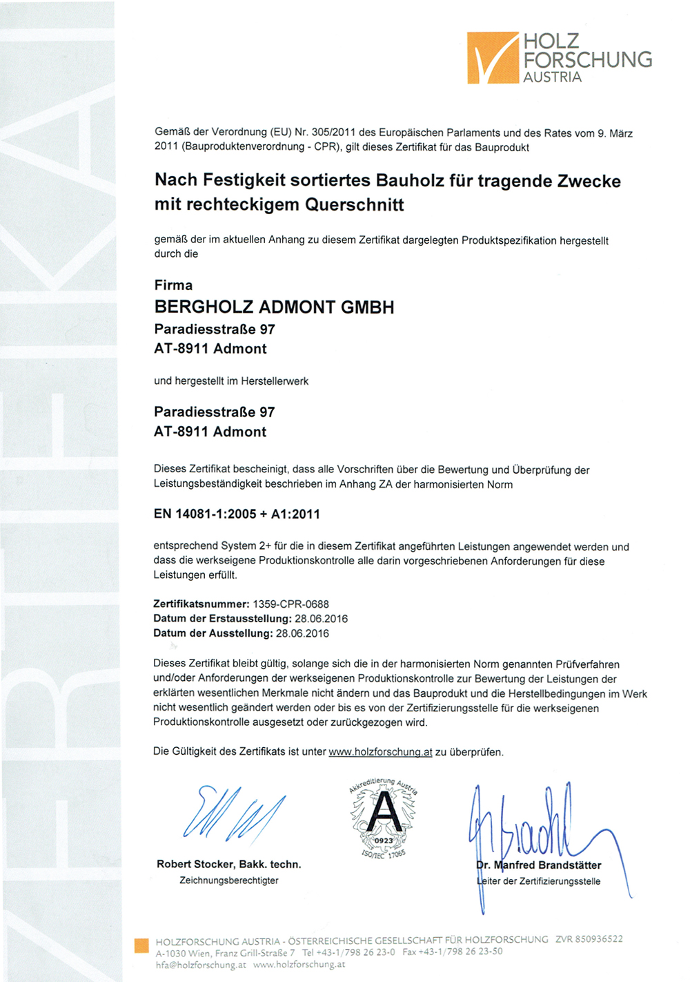 Zertifizierung von Holzforschung Austria